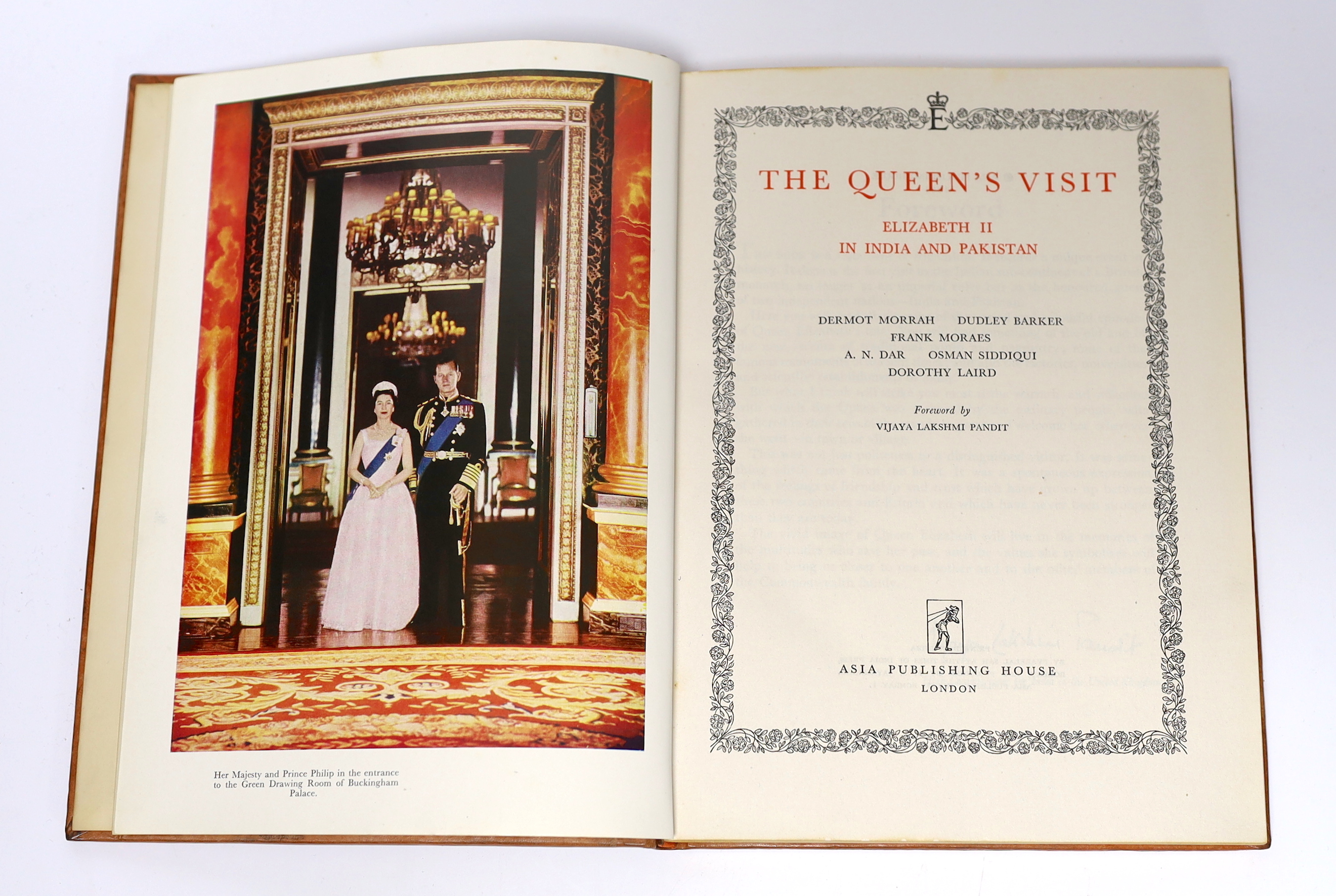 Morrah, Dermot and Others - The Queen's Visit. Elizabeth II in India and Pakistan...title within decorated border, num. photo. plates (some coloured); gilt decorated and lettered tan leather, ge., contained in its drop d